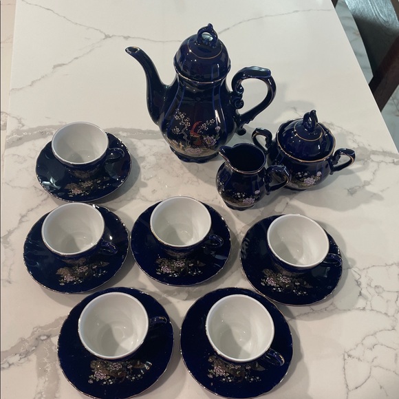 Vintage Yamato Japanese Cobalt Blue Porcelain Tea Set for 6 - Picture 14 of 16